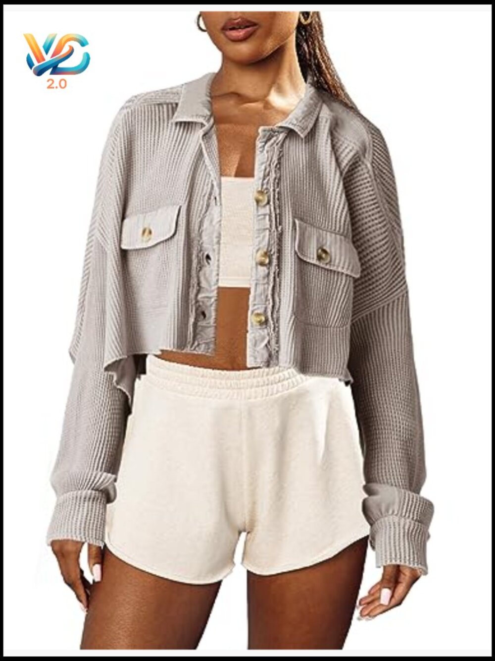 Cropped Button Down Waffle Knit Shacket Batwing Sleeve Jacket with Pockets - Picture 3 of 6